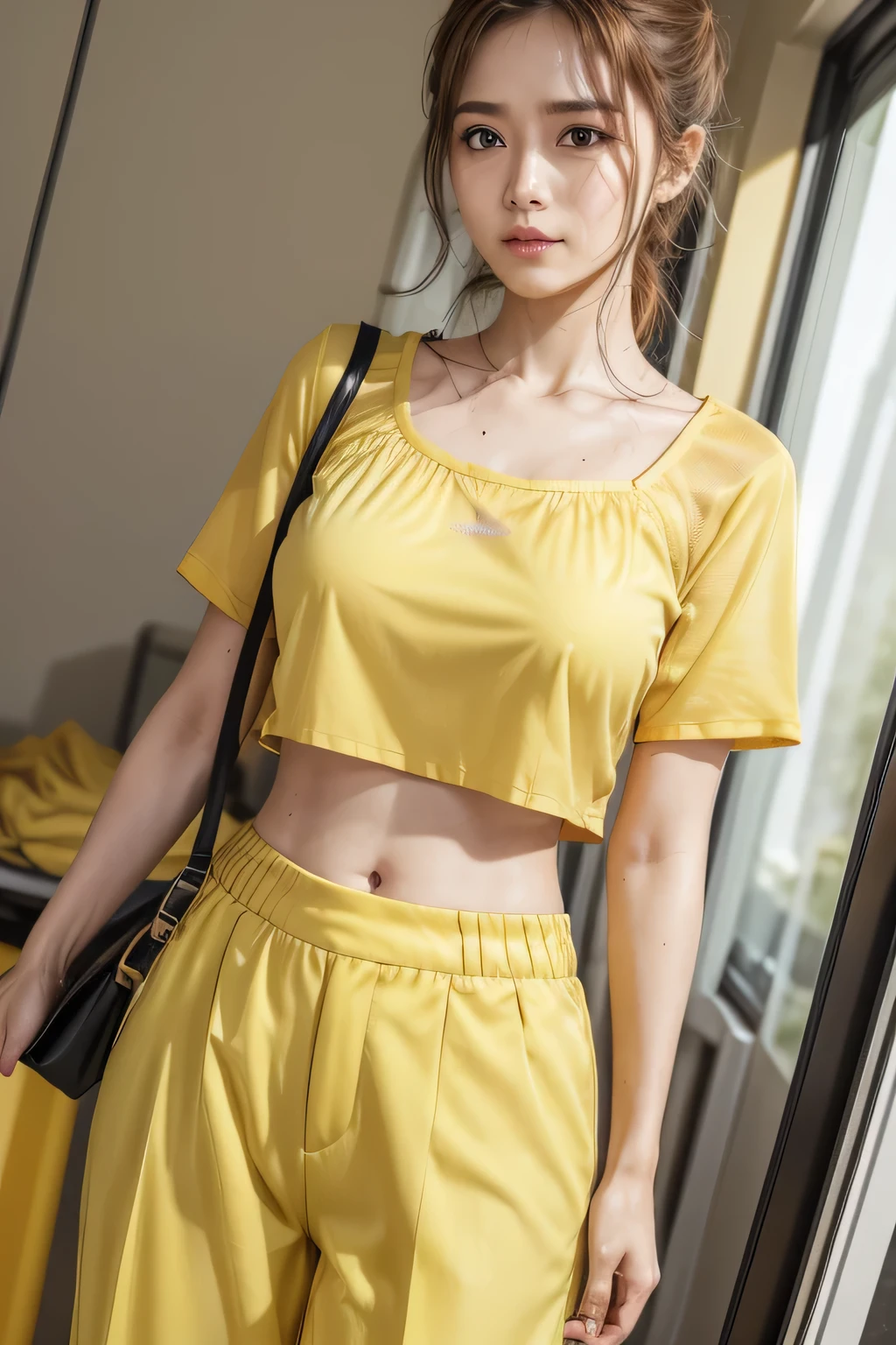 ((yellow short sleeve blouse)),((yellow long pants)),((sweating a lot)),((I haven&#39;t showered in 5 weeks)),((It smells like a living rotting ??????.)),((I didn’t wash my hair so my hair became matted)),((Poop coming from the anus)),((innocent)),((Pretty lady))