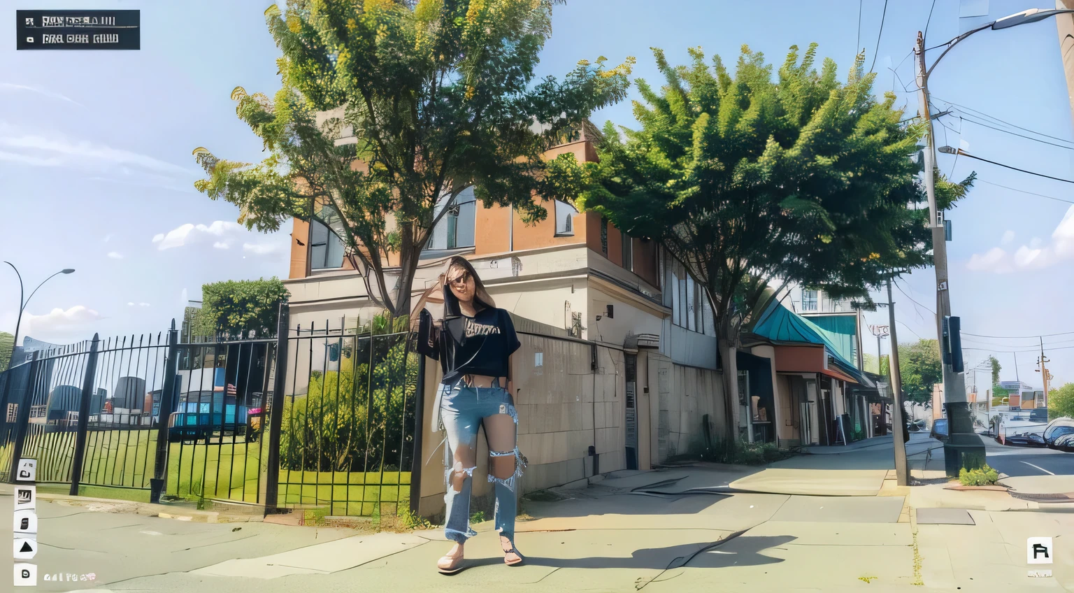 girl, brown braided hair to the side, Black shirt, blue ripped jeans