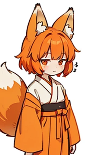 small girl, has short orange hair, has fox ears (((orange fox ears))) (((no human ears))) she has 2 fox tails (((only 2 orange tails)) ) she wears a white kimono with orange details.