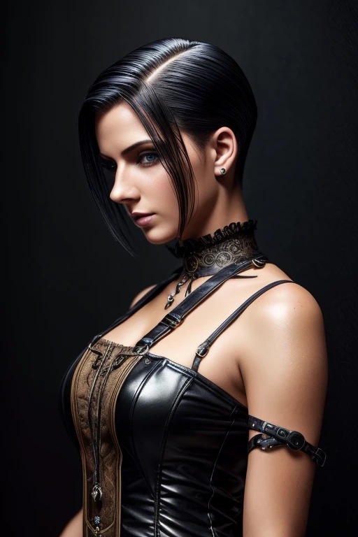 Gorgeous european steampunk woman with very short straight hair, short hair, wet hair, hair slicked back, combed straight back, slick hair, black/blonde gradient mixed hair, wearing a long wet summer dress, solid dark black background