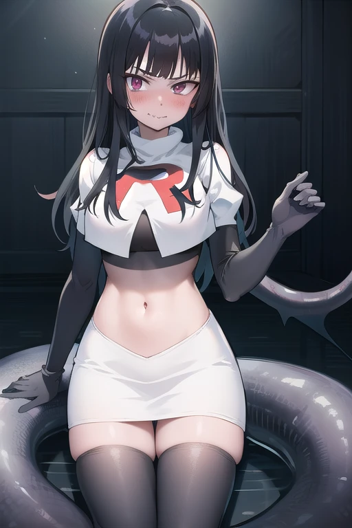 official art,anime,tsurugidef, blush,simple background,moody lighting, facing viewer,BREAK
blush, closed mouth, team rocket,team rocket uniform,white skirt,red letter R,crop top,black thigh-highs,black elbow gloves,wavy mouth,constricted eyes, constricted pupils,,
blunt bangs