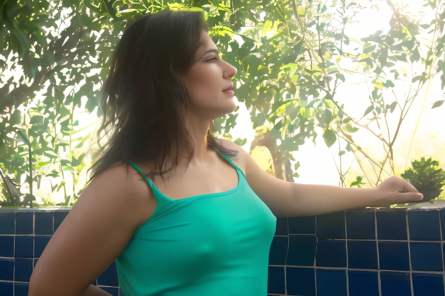 In the portrait, a beautiful Brazilian woman with white skin, short dark brown hair, wearing a green t-shirt, woman leaning against a wall of blue tiles, seen from the side, looking to the side, left hand resting on a wall with blue tiles, wearing a green t-shirt, pose sensual, photo from the side, looking to the side, seen from the side, an extremely provocative and sexy woman. Fitness woman, perfect arms, perfect body. She is around 40 years old, 162 cm tall and weighs 56 kg. Her body exudes glamor and her face is a definition of beauty. Slender body, thin waist. Highly realistic, hyperrealism, very elaborate skin, high quality photo. Sharp Photo, High Resolution, High Quality, Masterpiece, 16K Photo, Sharp Photo, High Contrast, Masterpiece, (Photographically Realistic), NUDE, NUDITY, NFSW.