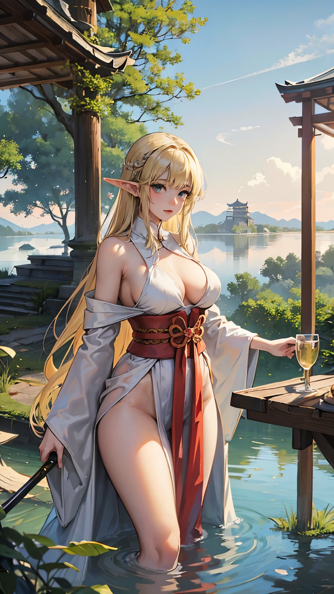A Japanese castle standing mysteriously in the middle of a beautiful lake, thick fog, thick clouds, a beautiful, slim-figured blonde elf with large, sagging breasts bathing naked by the lake, a silk dress draped over a tree branch, and Japanese armor and swords discarded at the base of the tree.