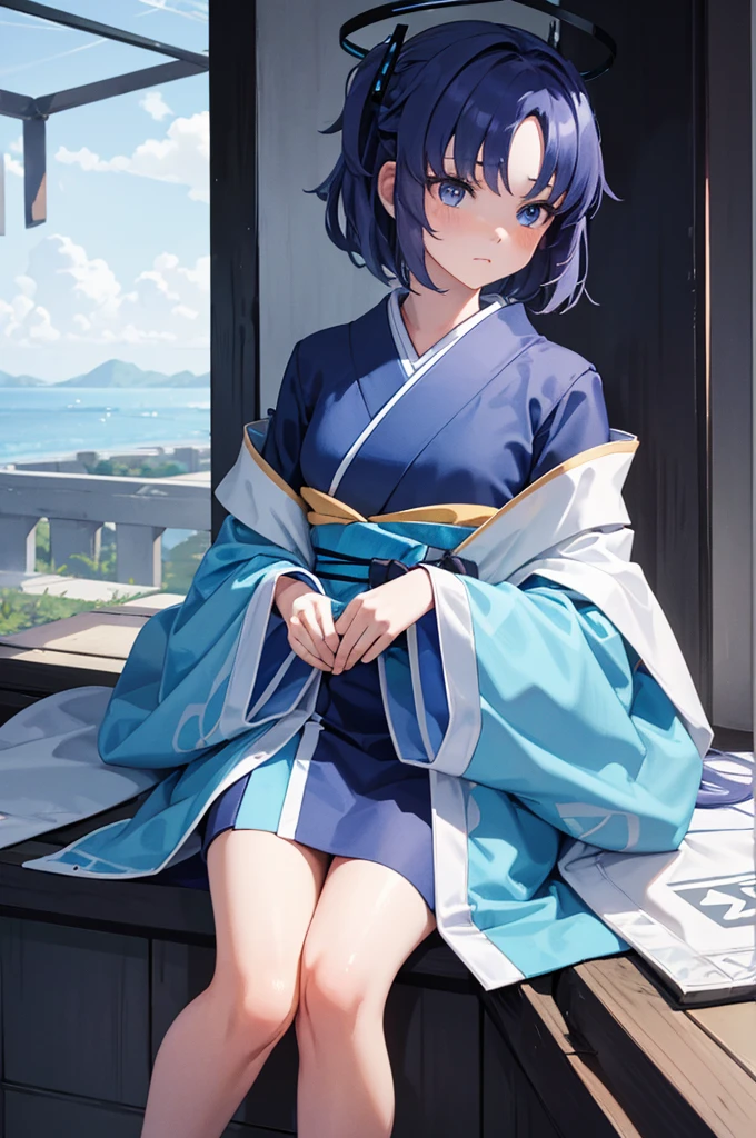 A beautiful girl looks innocent and innocent but she is a cold and indifferent person, she is a ghost, she has bright blue hair, Short haired,Her hair and clothes are light blue,yellowish brown eyes, He was wearing a bright blue kimono, his body was thin and small, the size of a , he was floating with a cold and slightly annoyed look