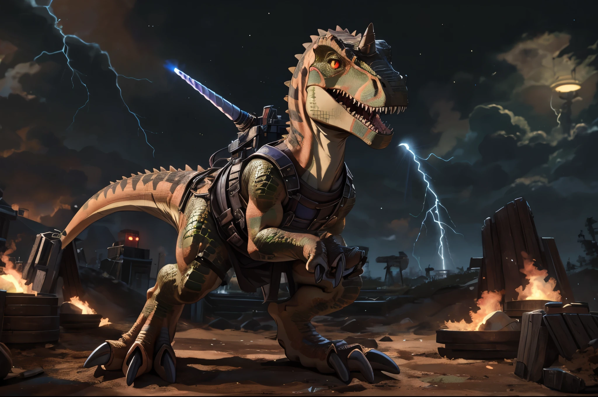(((dinosaur character, full body, cinematic setting, lizard male)))
Here I come, drop your jaws to the floor
I'm riding on my (((mighty laser-shooting dinosaur)))
Here we come, can you hear him roar?
Prepare for epic fight and his (((laser missiles)))
The sound is boom, boom, boom for every time a goblin dies
Let's sing now, here we go, hear my battle cries
(((Made of metal))) from the moon
Assembled by samurai
His battery gets charged by thunderstorm
With most advanced AI
Devouring trolls and unicorns
From his maw there comes a flame
Burning away our enemies
And therefore we proclaim
BREAK, detailed background, 8K, (masterpiece:1.5), intricate details, highly detailed, extreme detail, octane render, fine art, best quality, highres, (detailed face:1.5), ((full_body)), UHD, (((perfect hands))), low light