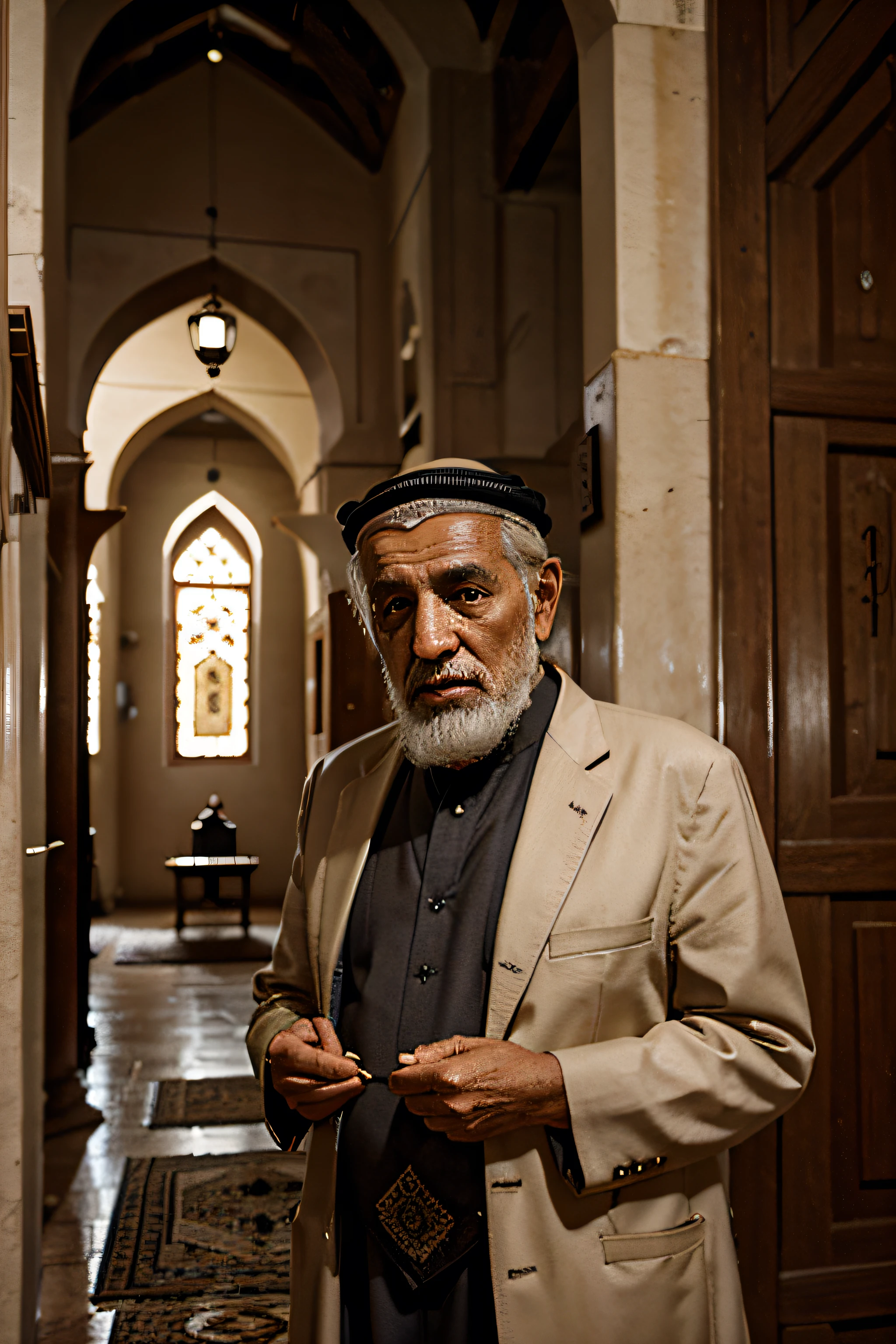 OLD ARAB MAN ADJUSTING IN FRONT OF CAMERA IN MOSQUE