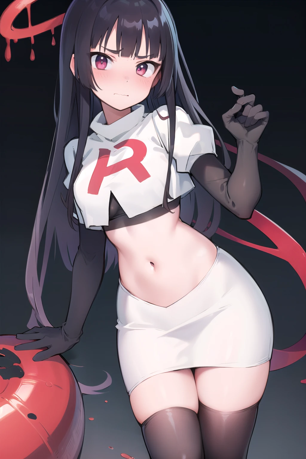 official art,anime,tsurugidef, blush,simple background,moody lighting, facing viewer,BREAK
blush, closed mouth, team rocket,team rocket uniform,white skirt,red letter R,crop top,black thigh-highs,black elbow gloves,wavy mouth,constricted eyes, constricted pupils,,
blunt bangs