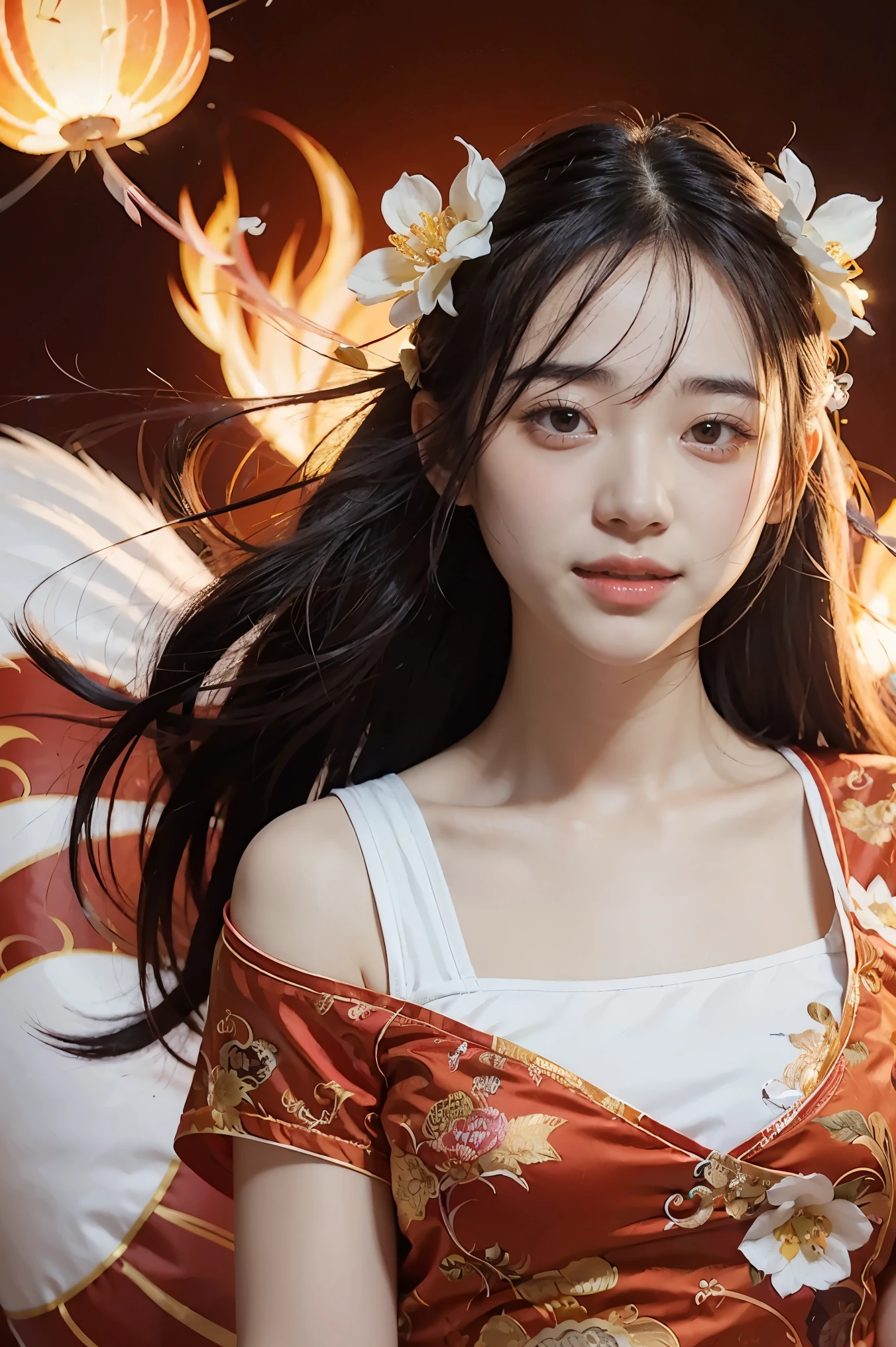 1 girl, Liu Yun, spark, long hair, floating hair, hair flower, Eastern Dragon, red and white, upper body, look at viewer,