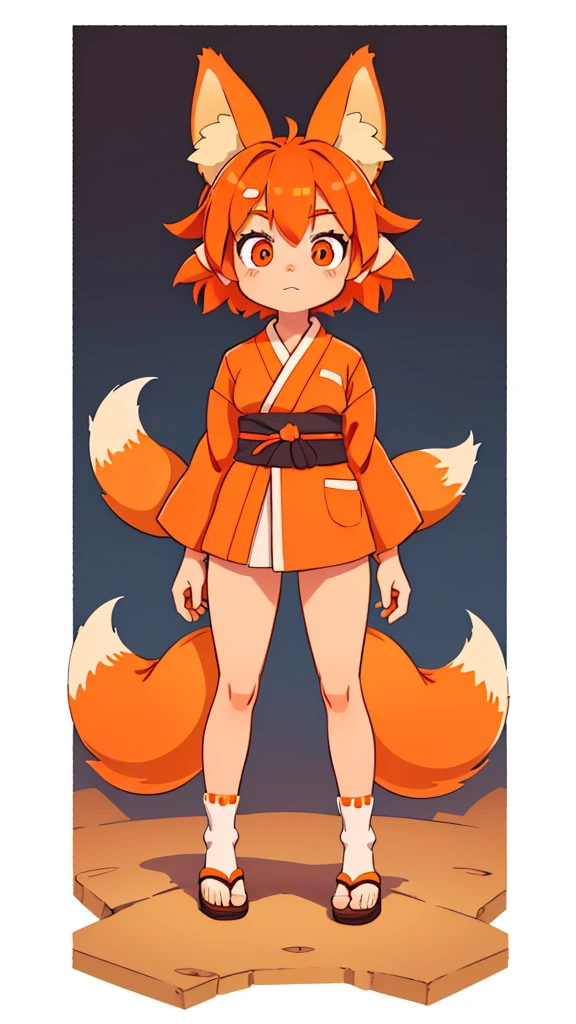 small girl, has short orange hair, has fox ears (((orange fox ears))) (((no human ears))) she has 2 fox tails (((only 2 orange tails)) ) she wears a white kimono with orange details.