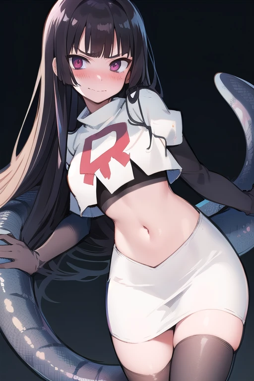 official art,anime,tsurugidef, blush,simple background,moody lighting, facing viewer,BREAK
blush, closed mouth, team rocket,team rocket uniform,white skirt,red letter R,crop top,black thigh-highs,black elbow gloves,wavy mouth,constricted eyes, constricted pupils,,
blunt bangs