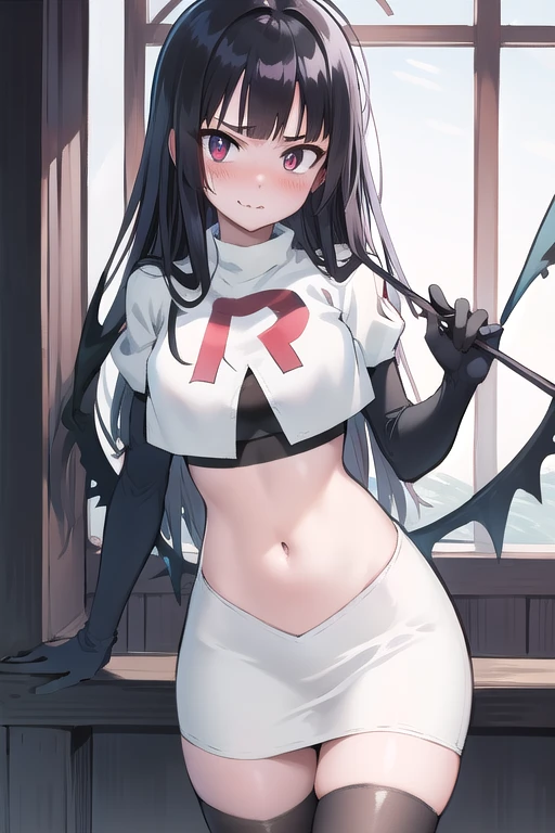 official art,anime,tsurugidef, blush,simple background,moody lighting, facing viewer,BREAK
blush, closed mouth, team rocket,team rocket uniform,white skirt,red letter R,crop top,black thigh-highs,black elbow gloves,wavy mouth,constricted eyes, constricted pupils,,
blunt bangs
