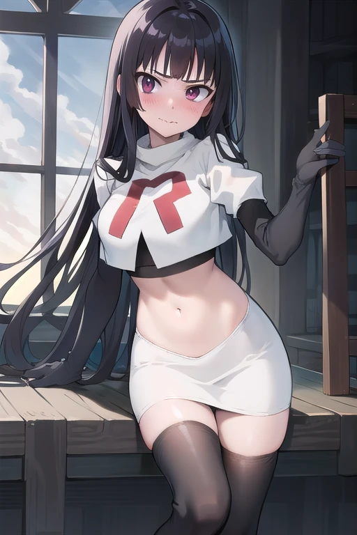 official art,anime,tsurugidef, blush,simple background,moody lighting, facing viewer,BREAK
blush, closed mouth, team rocket,team rocket uniform,white skirt,red letter R,crop top,black thigh-highs,black elbow gloves,wavy mouth,constricted eyes, constricted pupils,,
blunt bangs