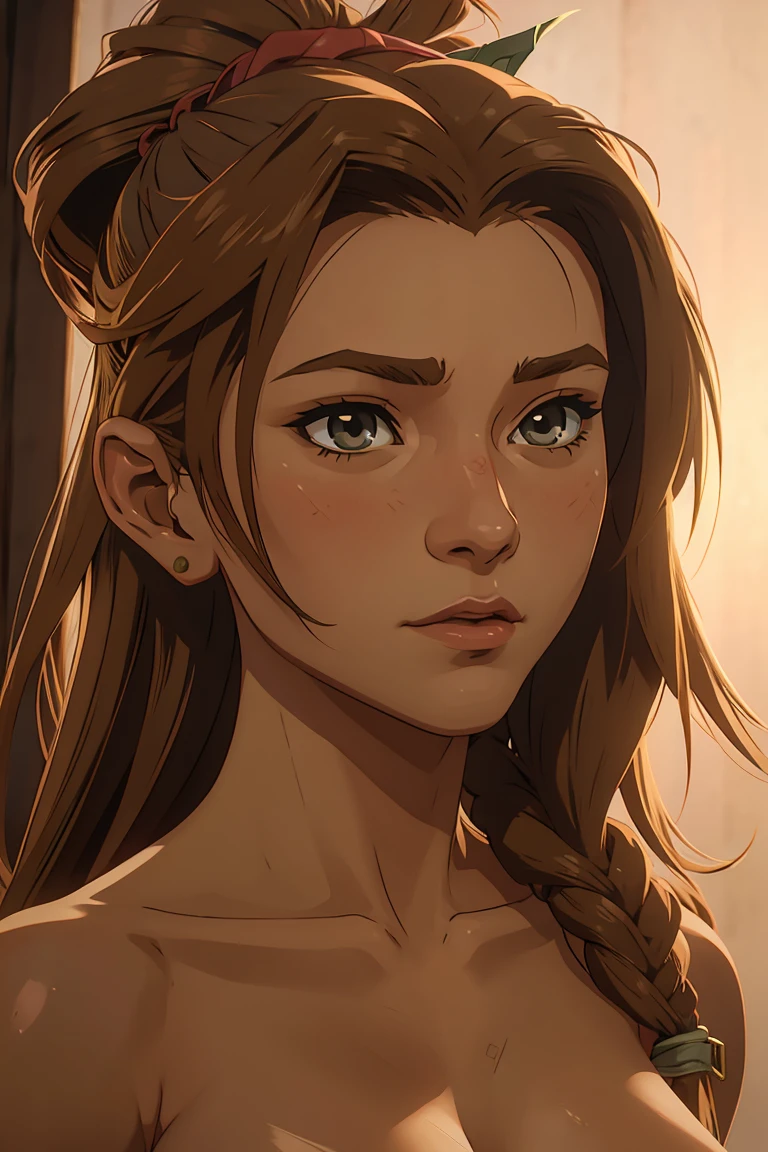 Aerith Gainsborough from final fantasy 7 rebirth, extremely detailed face, ((nude)), portrait