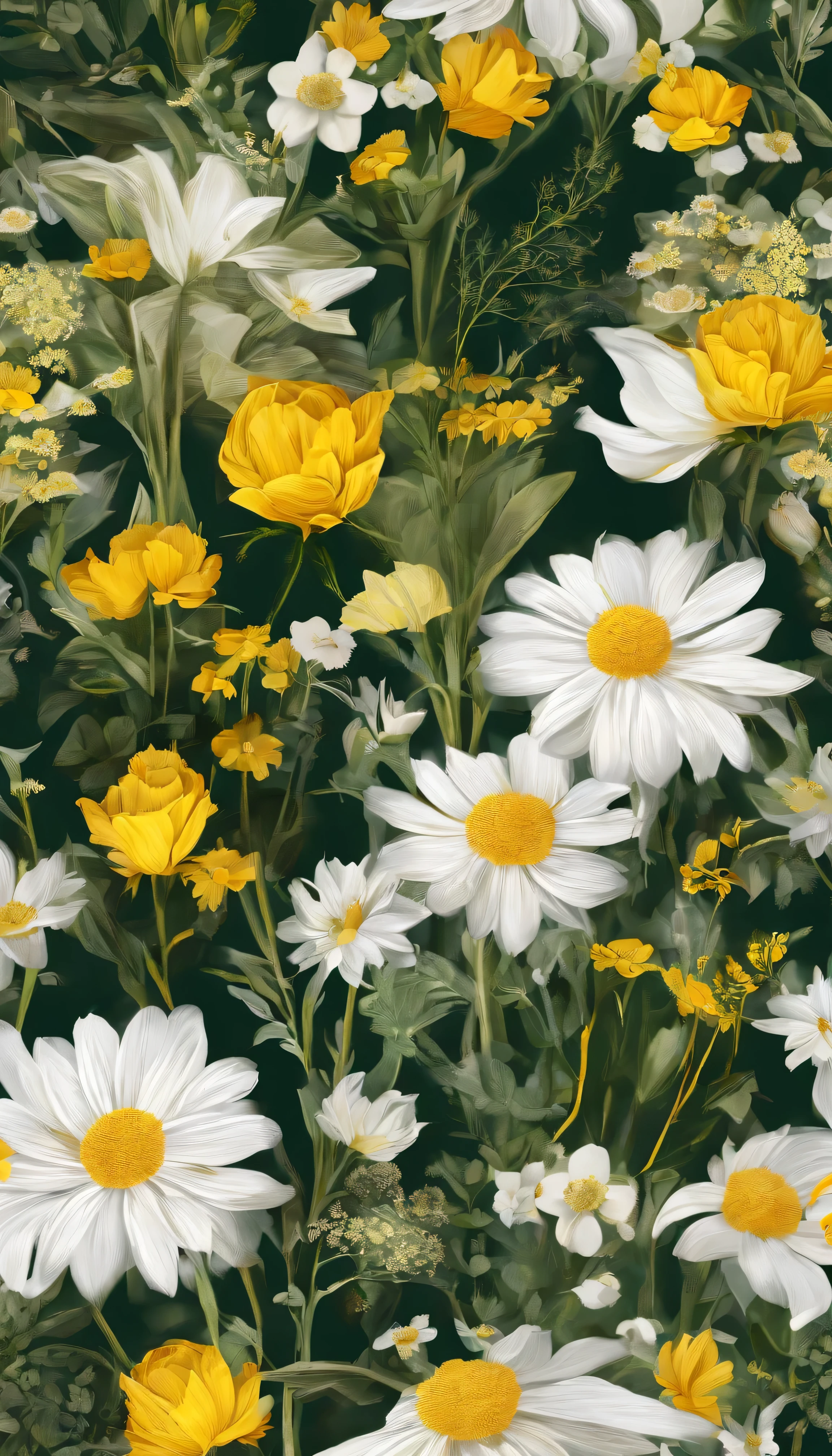 botanical wildflowers, lot of small yellow and white flowers, mixed with green leafs, deep colors