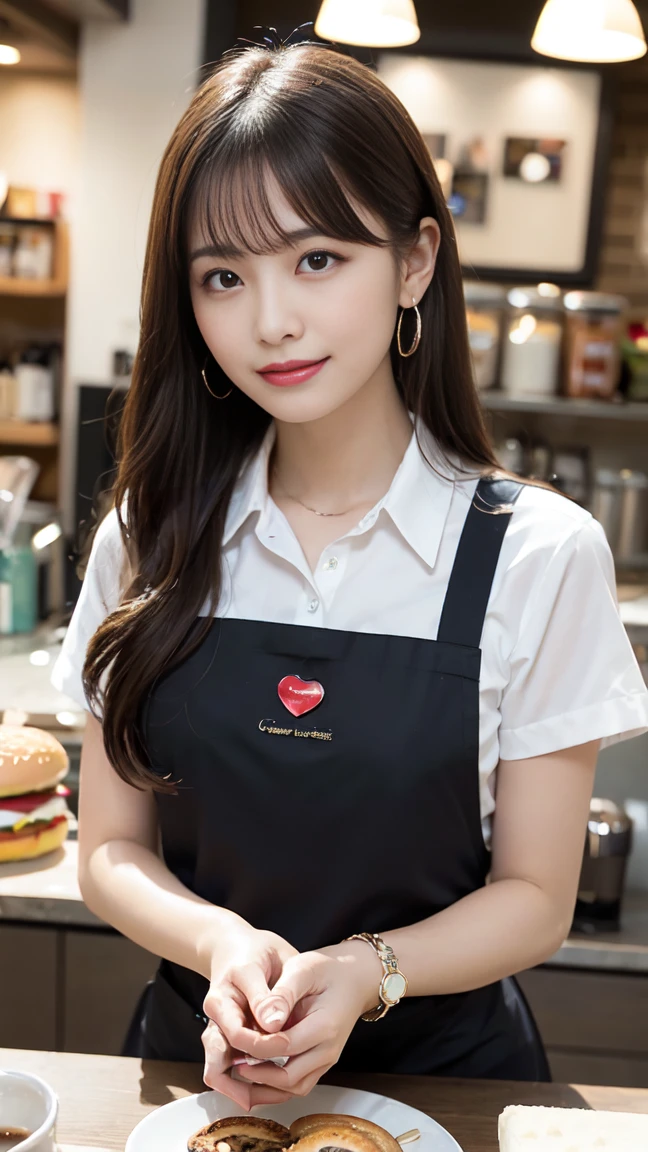 elegant features,Glowing Skin,girl,The only person,Barista,Watery eye,Glowing Eyes,smile,Long white hair,Brown haired,Wave Head,Heart-shaped hair ornament,bracelet,collar,Hoop Earrings,Workplace uniforms,apron,Fast Food Uniforms,To the audience:,Holding a mug,coffee shop,BREAK ceremony,((Random sexy poses、put in、Deep joy, Ecstatic eyes:1.2)), ((I gasp hard:1.2))、Ecstatic face、Climax expression, Through clenched teeth、My whole body is convulsing、Official Art,Highly detailed CG Unity 8k wallpaper, (masterpiece:1.0),(highest quality:1.0), photo shoot, 8k, Browsing Caution, High resolution, Kodak Portrait 400, Film Grain, Lens flare brilliance,Very low camera angle, View your viewers