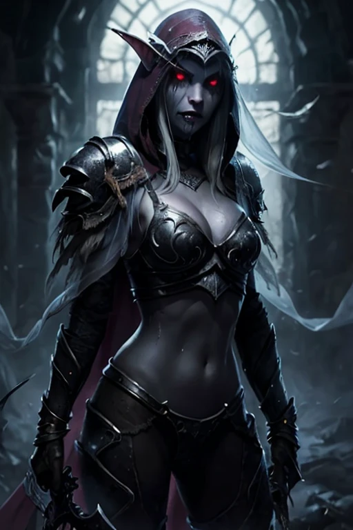 (HDR, 8k, masterpiece, intricate details), (((savage grace, beautiful elegant violence))), dancer of the boreal valley snow, prowling lithe long limbs, crawling slender knight, helm, weapons, highly detailed armor, glossy metal, metallic refraction, unsettling fluid movements, gossamer sheer fabric, see-through delicate veil, dark souls, bonfire, elf, Sylvanas Windrunner, long hair, silver hair, large breasts, looking at viewer, red eyes, cleavage, large breasts, white hair, choker, hood, cape, pointed ears, armor, lips, shiny, colored skin, goblin, blue skin, arrow, bikini armor, shoulder pads, undead, violet skin color. prowling slender lithe , mirror shine, ethereal lighting, wlop, obsidian armor, flaming blade, icy sword, holding weapons, unnaturally long limbs, ghostly wisps, liquid shimmer,