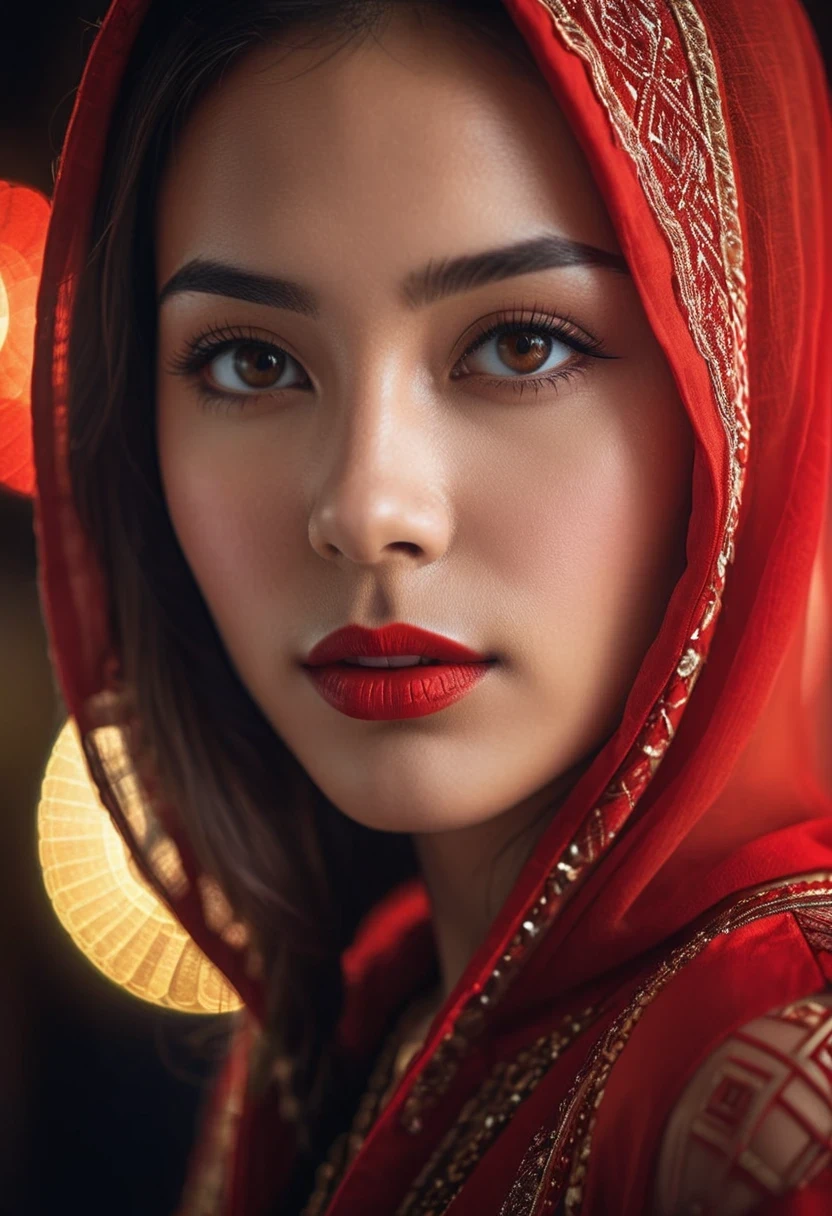 extreme Close-up portrait of a mysterious girl in red clothing, alluring, sexy pose, amazing shallow depth, (dramatic lights:1.4), hyperrealism, geometric patterns, intricately detailed, bokeh, perfect balanced, deep fine borders, artistic photorealism , smooth, great masterwork, 35mm film, masterpiece, high quality, detailed skin with visible pores, insane details, 8k, high definition, dslr, photo in phst artstyle