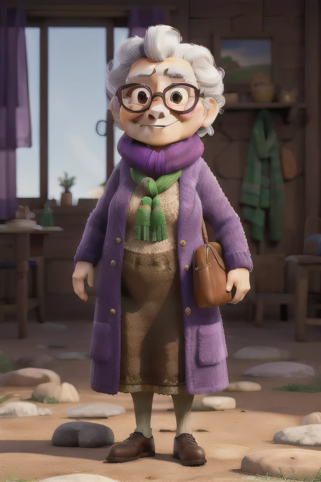 Obra de arte, melhor qualidade, An old woman with glasses and a scarf, wearing a purple coat and green scarf, parado no parque