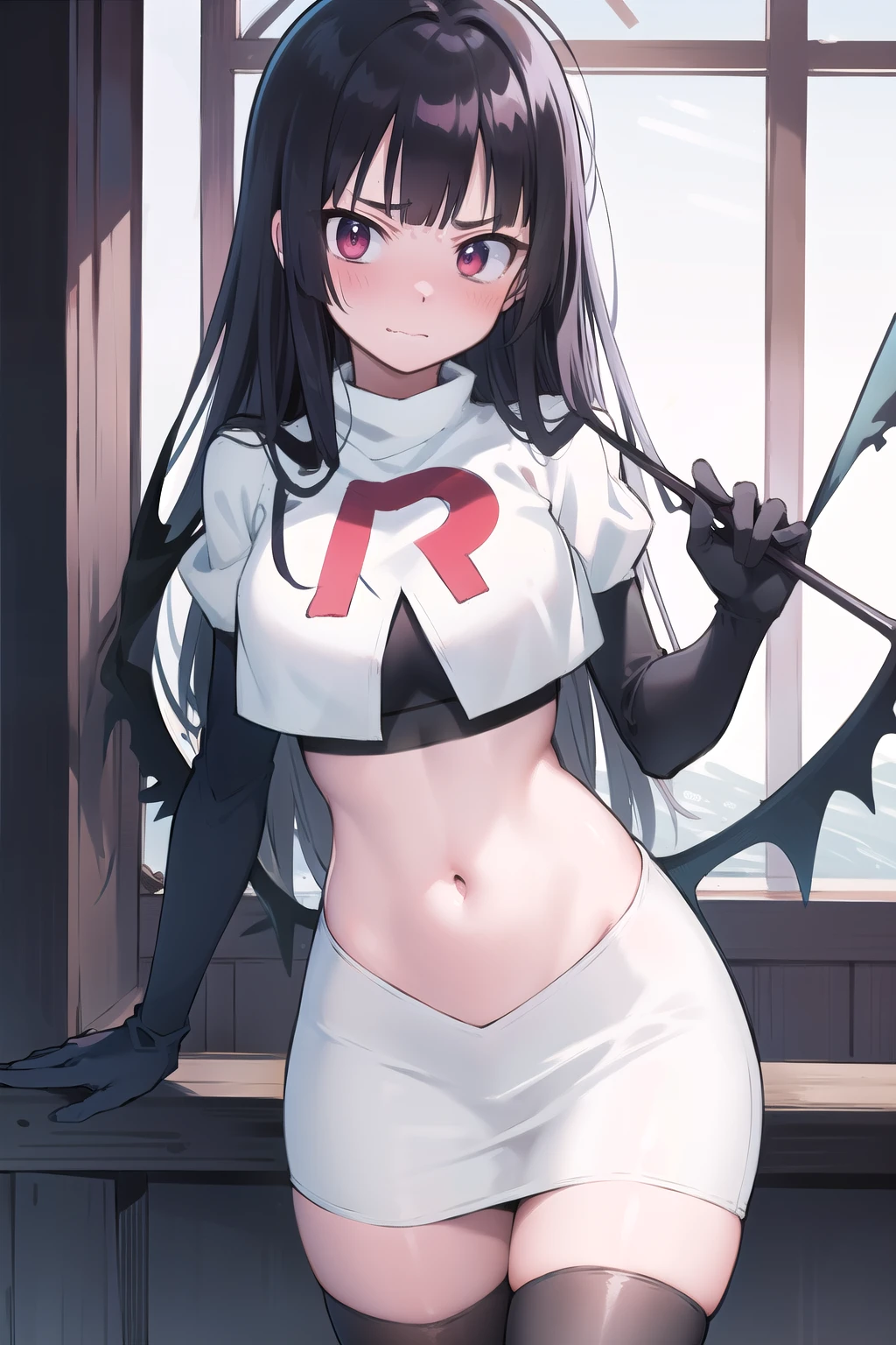 Default, RegensburgOutfit, 1girl, solo, wings, looking at viewer, blush, bangs, parted lips, demon wings, team rocket,team rocket uniform,white skirt,red letter R,crop top,black thigh-highs,black elbow gloves
