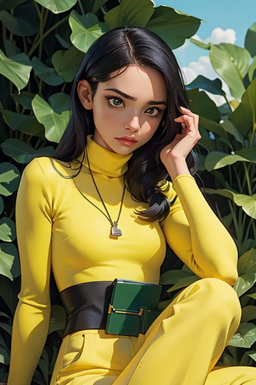 (SFW)1 mulher com cabelos ruivos presos em um penteado estiloso, wearing a yellow turtleneck and green pants. She is sitting outside, surrounded by lush vegetation, with a map and other objects scattered around you. Your facial expression suggests a certain frustration or irritation. The illustration has an art style characteristic of comic books.