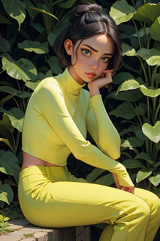 (SFW)1 mulher com cabelos ruivos presos em um penteado estiloso, wearing a yellow turtleneck and green pants. She is sitting outside, surrounded by lush vegetation, with a map and other objects scattered around you. Your facial expression suggests a certain frustration or irritation. The illustration has an art style characteristic of comic books.