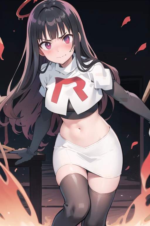 official art,anime,tsurugidef, blush,simple background,moody lighting, facing viewer,BREAK
blush, closed mouth, team rocket,team rocket uniform,white skirt,red letter R,crop top,black thigh-highs,black elbow gloves,wavy mouth,constricted eyes, constricted pupils,,
blunt bangs