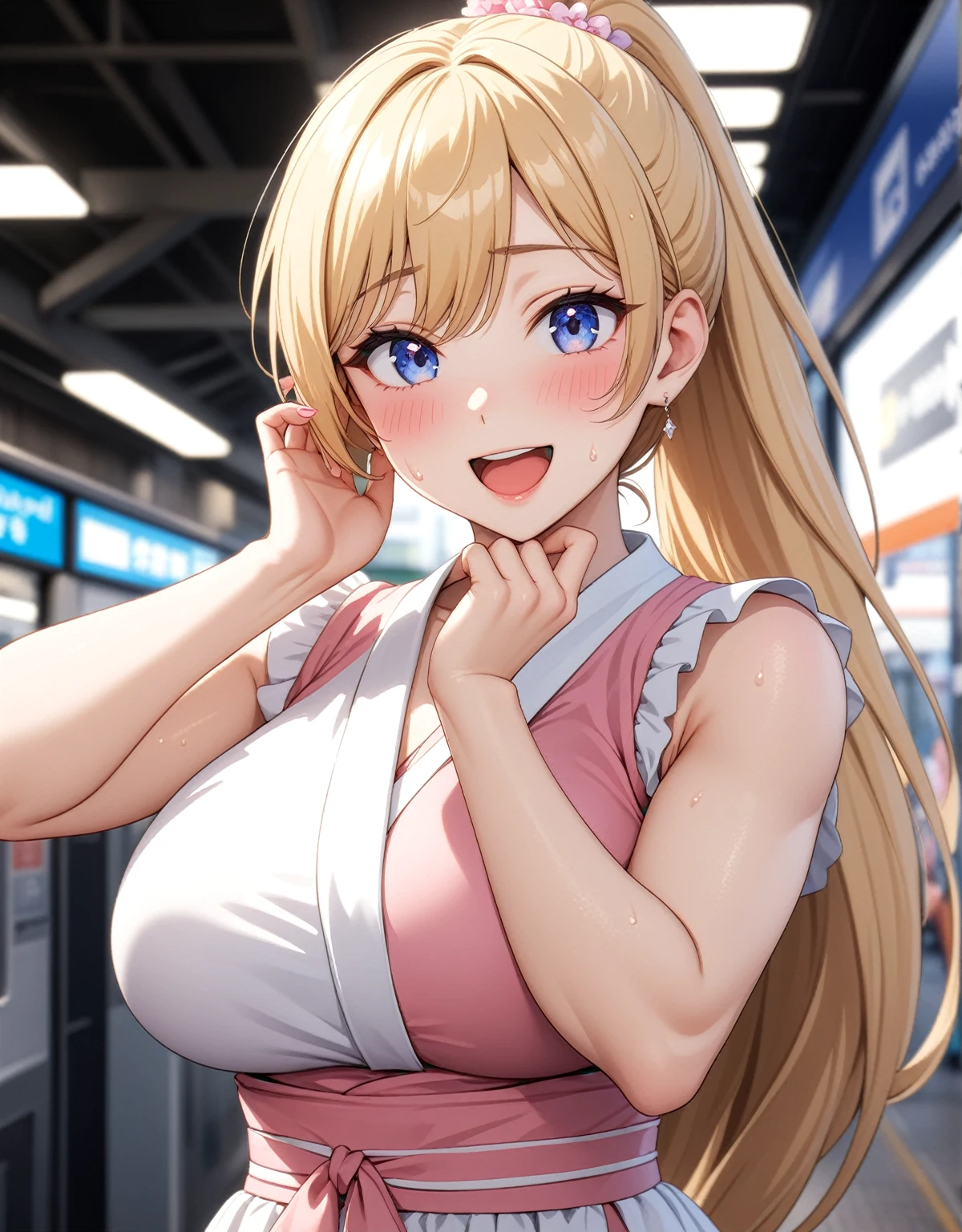 ((One woman)), Beautiful Face,Laughing embarrassedly,Blushing,Sweat,Glossy pink lips,Daytime,Meet at the station ticket gate, ((Anime style background)),masterpiece, highest quality, so beautiful, up to date, Complex details, (Pink long nails),AI-generated, Complex,High resolution, highest quality, super high quality,3D Images、View the viewers、3D Images,one person,Long Blonde Hair,High Ponytail,blue eyes,Anime woman posing for a photo, [[Fine grain、Colorful eyes、Shining Eyes:1.15]],(Squint your eyes:1.1),a hyperRealistic , hyperRealistic , Realistic,Blonde anime woman with long hair, Smooth anime CG art, (金の刺繍の入ったYellow Yukataの女性), Yellow Yukata,Floral pattern,Long flower hair ornament,Earrings,(Large Breasts:1.2),Mature Body,tall,Big Ass,Fine details,Trained abdominal muscles,Waving to the audience
