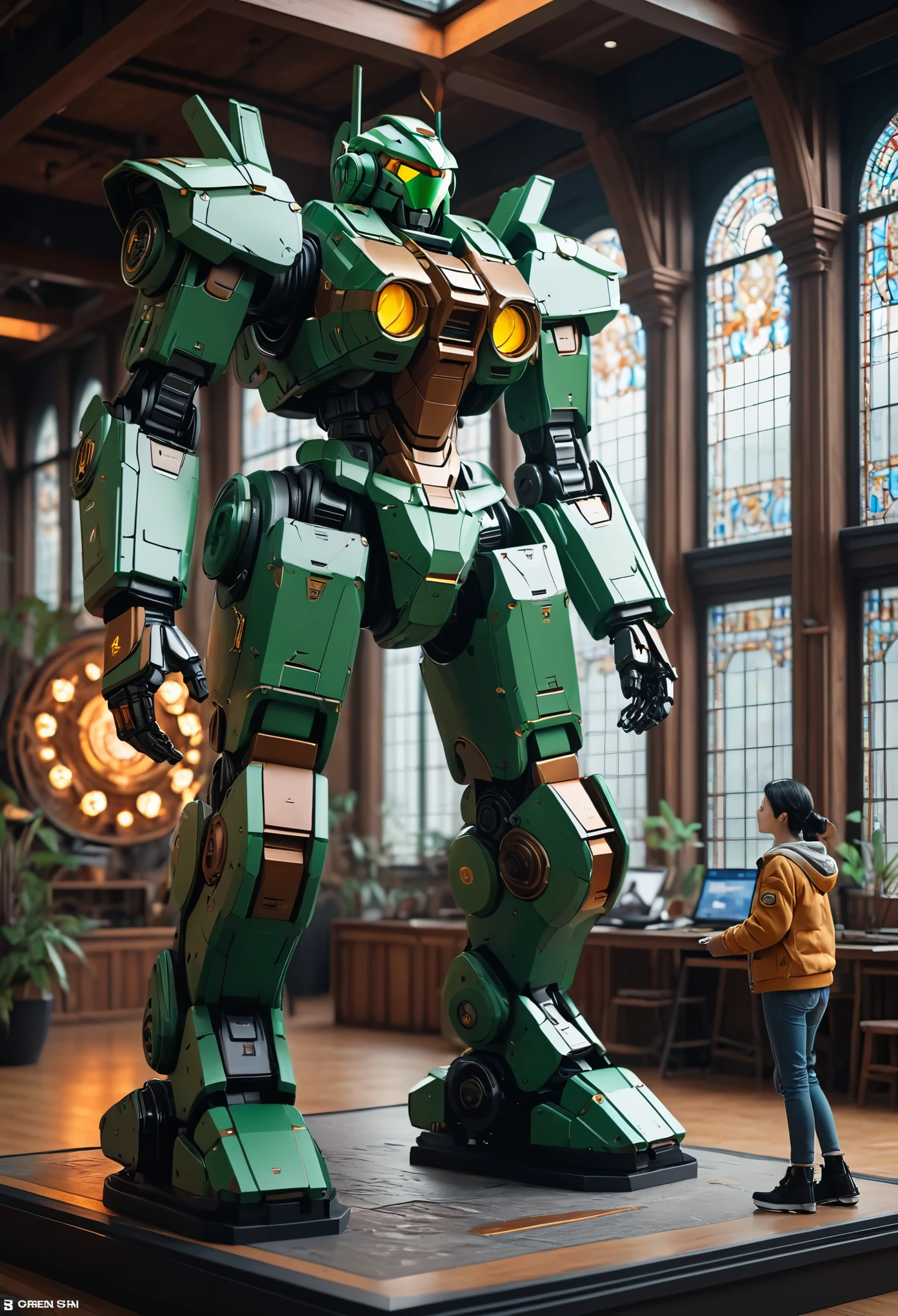 Take a deep breath and let's work step by step on this , 
combat mech clothes, by Xia Shuwen, green and brown color palette, two models in the frame, tiny statue on display, brandishing halberd, artdevian, engineers building a giant mecha, inspired by Robert Bechtle, hand - painted wood, stained glass, stunning intricate detail, close up, atmospheric, dark, cinematic, 8k resolution, trending on artstation
,
Midjourney's Consistency, Dynamic Action Pose, Fibonacci Watermark Invisibly Displayed, High-res, Impeccable Composition, Lifelike Details, Perfect Proportions, Stunning Colors, Captivating Lighting, Interesting Subjects, Creative Angle, Attractive Background, Well-timed Moment, Intentional Focus, Balanced Editing, Harmonious Colors, Contemporary Aesthetics, Handcrafted with Precision, Vivid Emotions, Joyful Impact, Exceptional Quality, Powerful Message, Raphael Style, Unreal Engine 5, Octane Render, Isometric, Beautiful Detailed Eyes, Super Detailed Face and Eyes and Clothes, More Detail, Multi Colored, Splash Ink Illustration, Grammer Effect Style, Houdini Style, Sharp Lines and Brush Strokes, High Quality, Beautiful Matte Painting, 4K, CGSociety, Artstation Trending on ArtstationHQ
