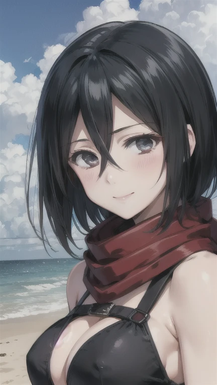 Mikasa Ackerman,Big Breasts,Red scarf,Black Swimsuit,Blushing,Smiling expression,Seaside,