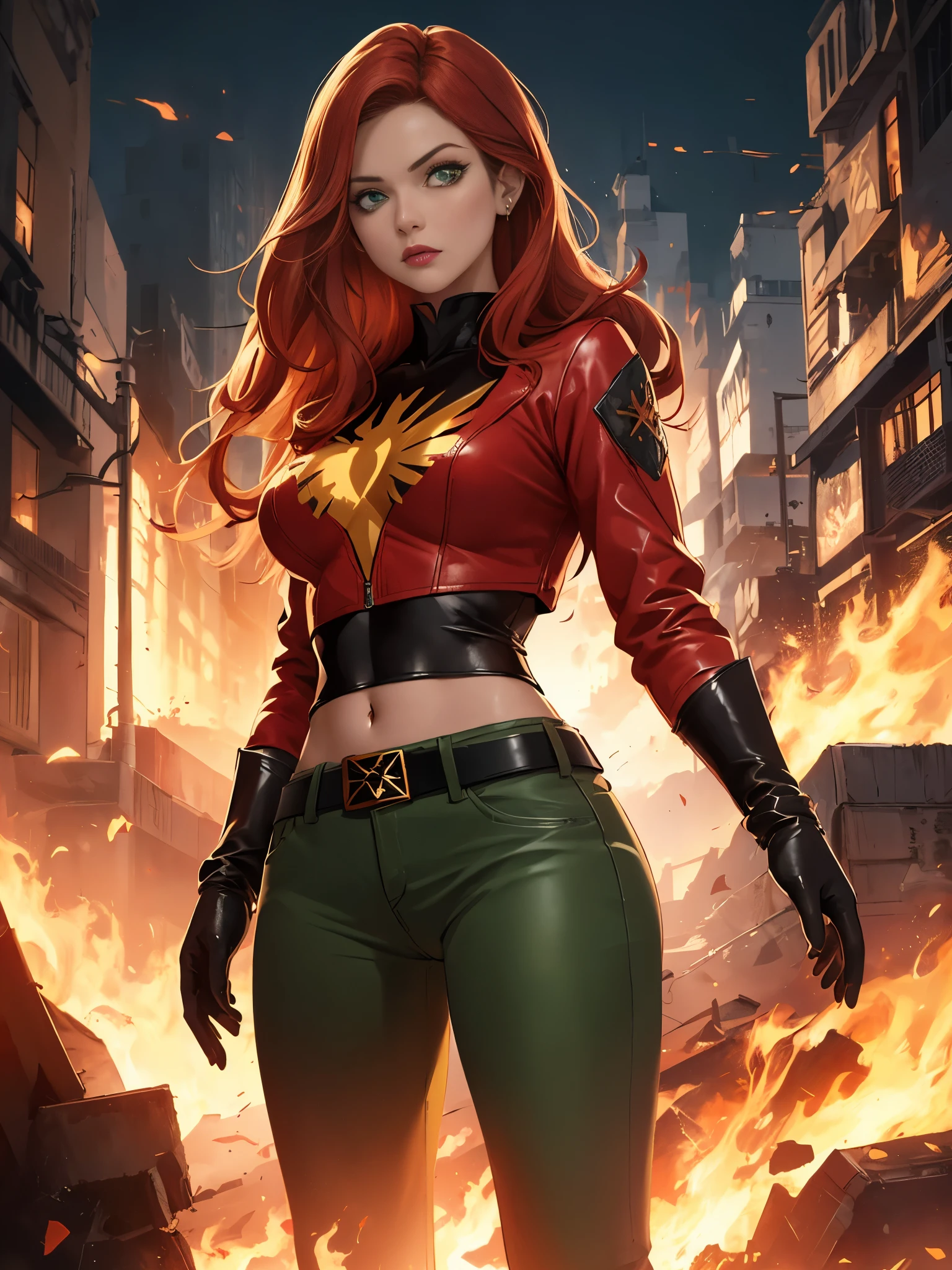 (Highly quality, masterpiece, detailed), burning city detailed scenario, burning city detailed background, jean-grey, belt, red leather crop top jacket, gloves, Phoenix symbol on chest, red leather pants, navel, perfect face, beautiful green eyes, looking at the viewer, Sexy pose