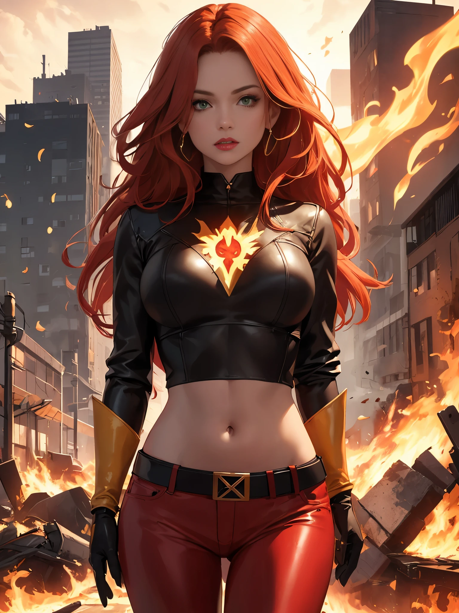 (Highly quality, masterpiece, detailed), burning city detailed scenario, burning city detailed background, jean-grey, belt, red leather crop top jacket, gloves, Phoenix symbol on chest, red leather pants, navel, perfect face, beautiful green eyes, looking at the viewer, Sexy pose