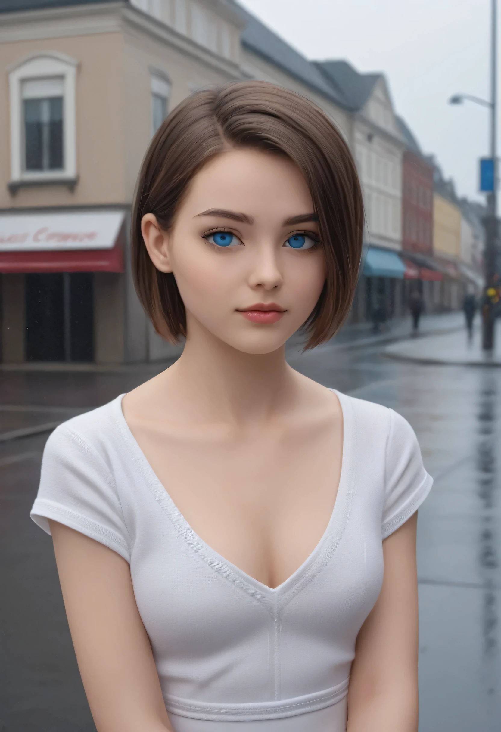 (((hd closeup photo))),((best quality)), ((masterpiece)), (detailed), perfect face, very young white girl, short brown hair, wearing black sweater, pretty blue eyes, perfect makeup, standing on a street corner in Belfast Ireland, 1972, raining, wearing a short navy blue skirt, white blouse, multiple poses, skin tone pantyhose