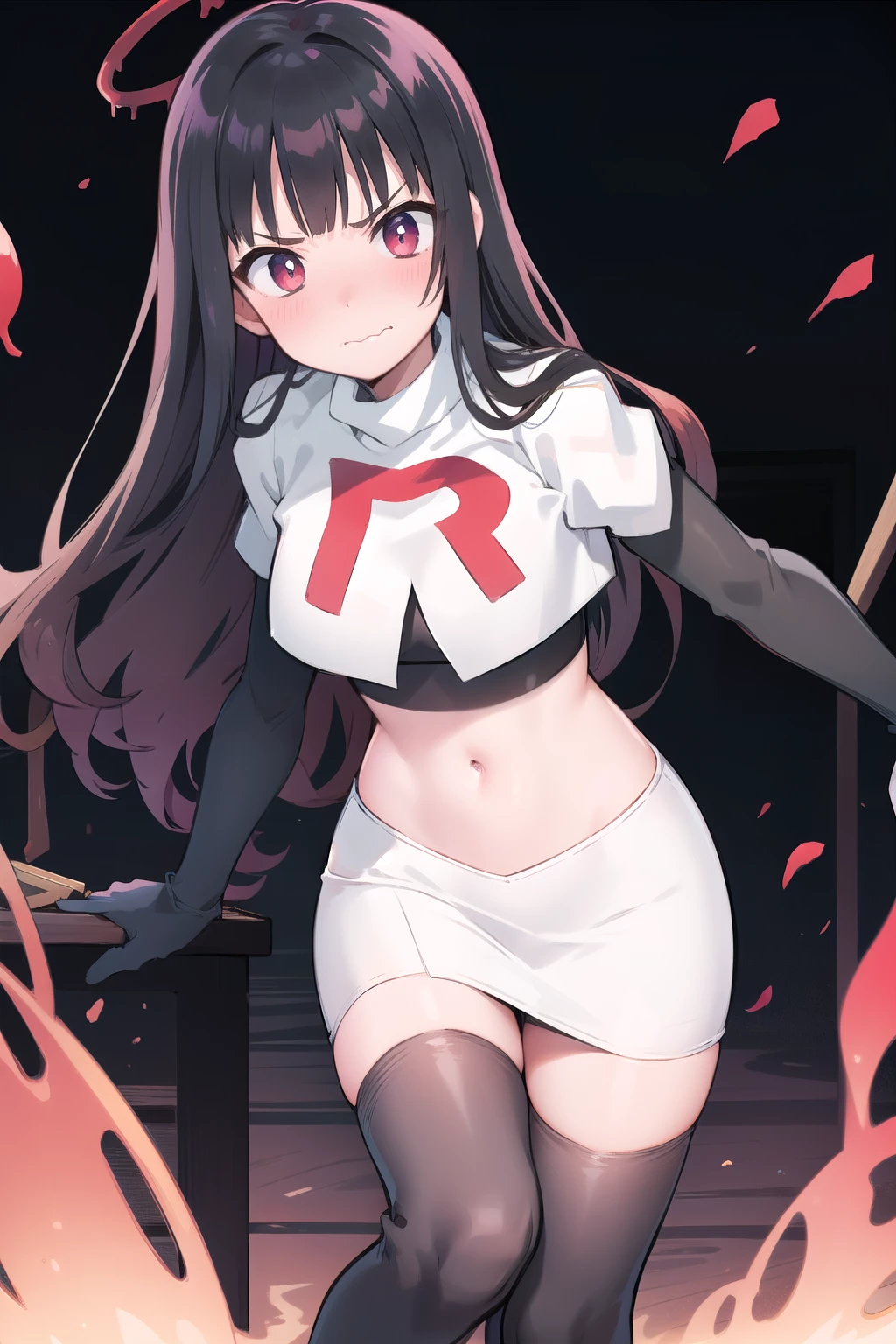 official art,anime,tsurugidef, blush,simple background,moody lighting, facing viewer,BREAK
blush, closed mouth, team rocket,team rocket uniform,white skirt,red letter R,crop top,black thigh-highs,black elbow gloves,wavy mouth,constricted eyes, constricted pupils,,
blunt bangs