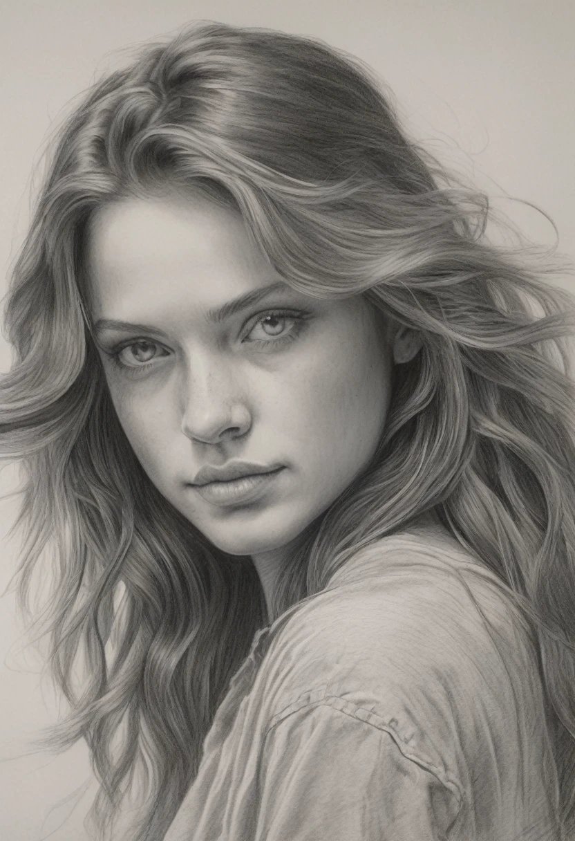 realistic pencil drawing of a beautiful girl, detailed eyes, detailed lips, intricate facial features, flowing hair, delicate skin texture, cinematic lighting, dramatic shadows, monochromatic palette, soft edges, subtle background details, masterpiece, 8k, hyper realistic, high quality, extremely detailed