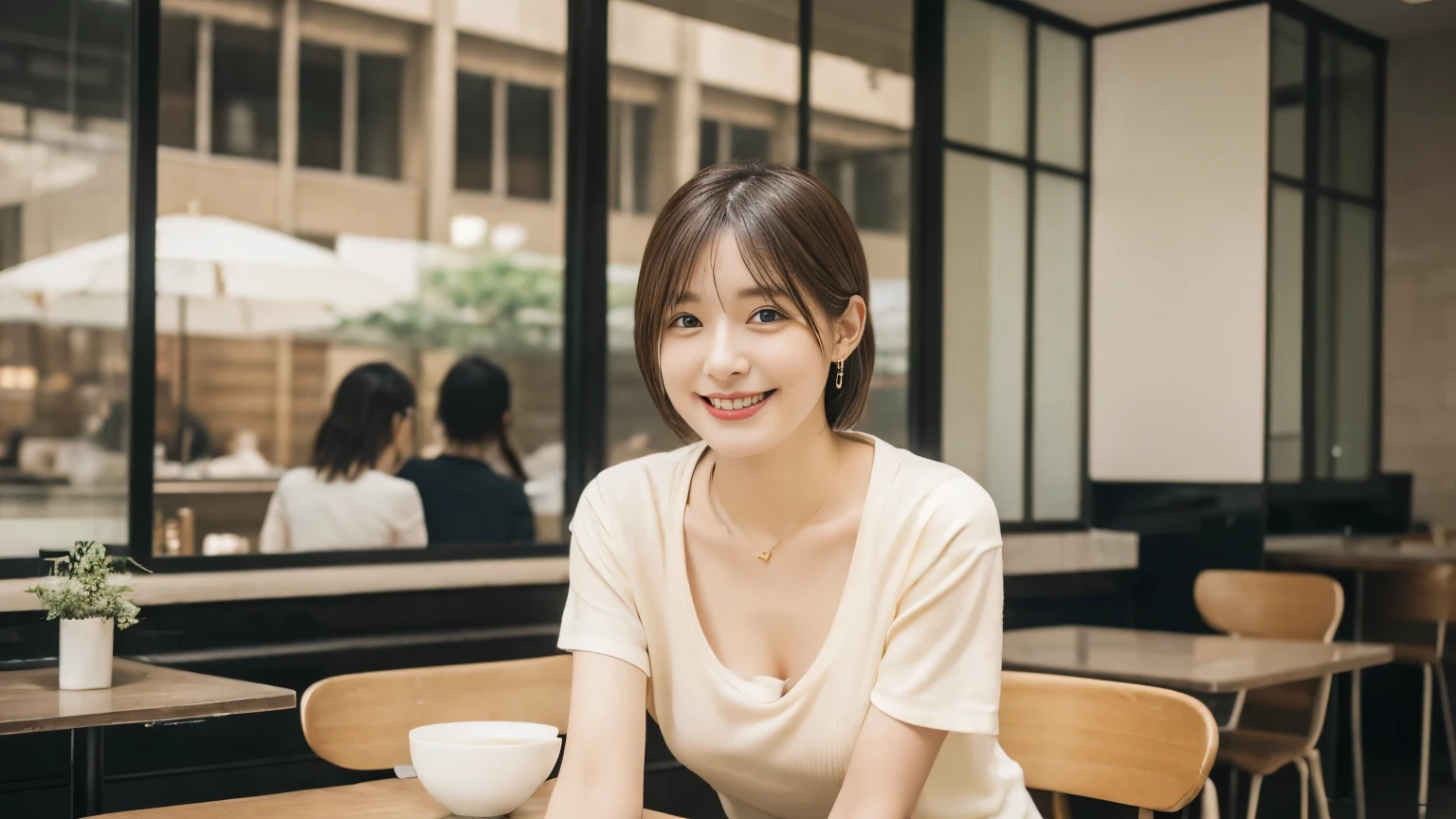super high quality, Short Hair, Slender, Gravure photoshoot, The staff is working at the counter in the back., (8k、RAW Photos、highest quality、masterpiece:1.2), Japanese Idol, Stylish café, (Realistic、Photorealistic:1.37), Urban Cafe, Golden Ratio, Raw photo, Cute face , Light Brown Hair, Earrings, Small breasts, Bright cafe interior, Spring Clothes, necklace, Cafe Terrace, Open Cafe, 28 years old, A kind smile, Hair blowing in the wind, Neat clothes, T-Shirts,