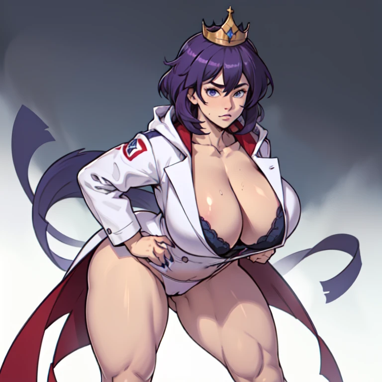 Blue eyes detail standing alone, stick to body ((Muscle Girl)) Fit body,Huge breasts(((Large Breasts、Breast sagging、Low-cut,Cleavage,Wide hips,)))((Long legs)),blue eyes,thick purple hair,Thick fair skin, Wearing a crown, Technology White Coat