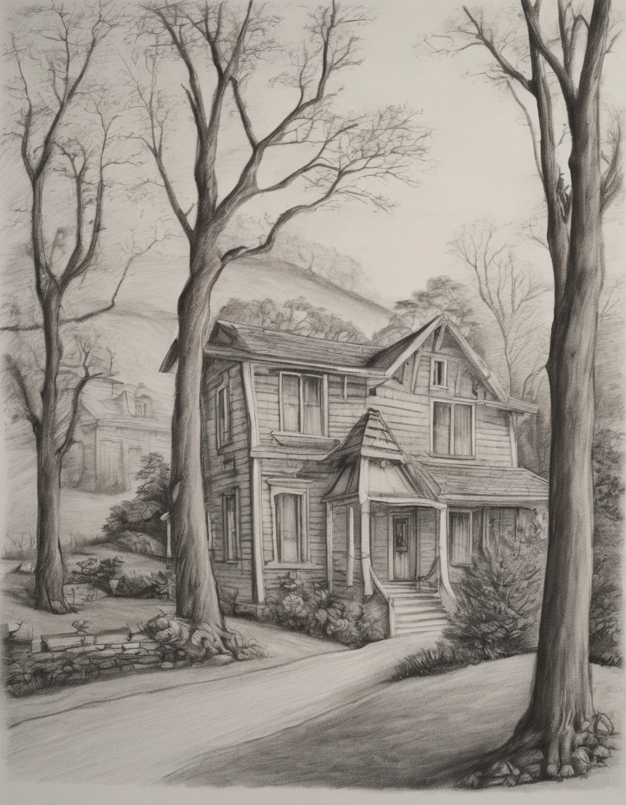 Pencil drawing, home and trees