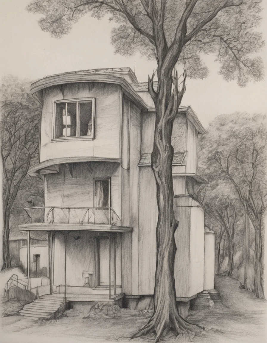 Pencil drawing, home and trees 