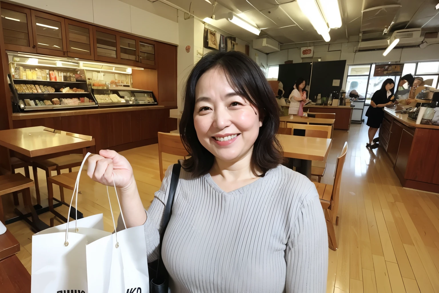 ((highest quality、8k、masterpiece:1.3))、Photorealistic, high resolution, High resolution, Portraiture, alone, Japanese, Chubby, obesity, My stomach is sticking out a little, Double chin, Middle-aged woman holding shopping bags in both hands, 55 years old, Angle from which the upper body is reflected, Wrinkles around the eyes,In the background is the cafe interior and smiling faces, slightly gray hair, 160cm70kg