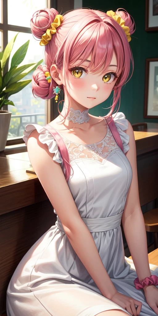 masterpiece , best quality, 1girl, solo, single side bun, pink hair, long hair, white dress, dress, wrist scrunchie, hair bun, scrunchie, yellow eyes, looking at viewer, hair ornament, upper body, (close up:1.2), sitting, indoors, cafe