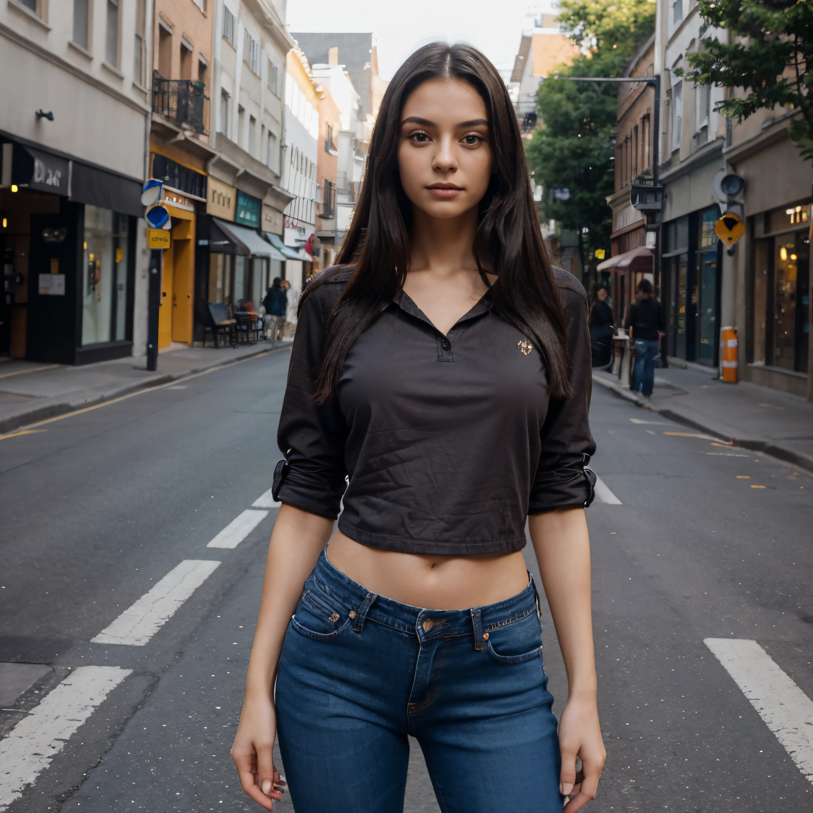 One woman of about 20 years old, black long hair, body measurement 36-25-36, height 5'7", Hazel eyes, wearing colorful shirt and long jeans, standing on street in day, Full Body full height Shooting, Masterpiece, mobile Photography, daylight, 8k, Top Quality, Fine Pore, Photorealistic, Ultra Detailed, (high skin detail:1.2),Extremely detailed,Intricate, sharp-focus