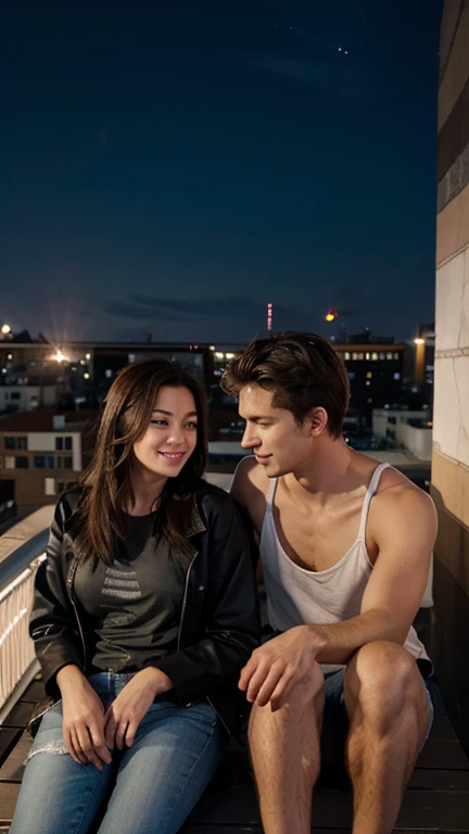 Generate image : A girlfriend sitting beside his boyfriend on rooftop