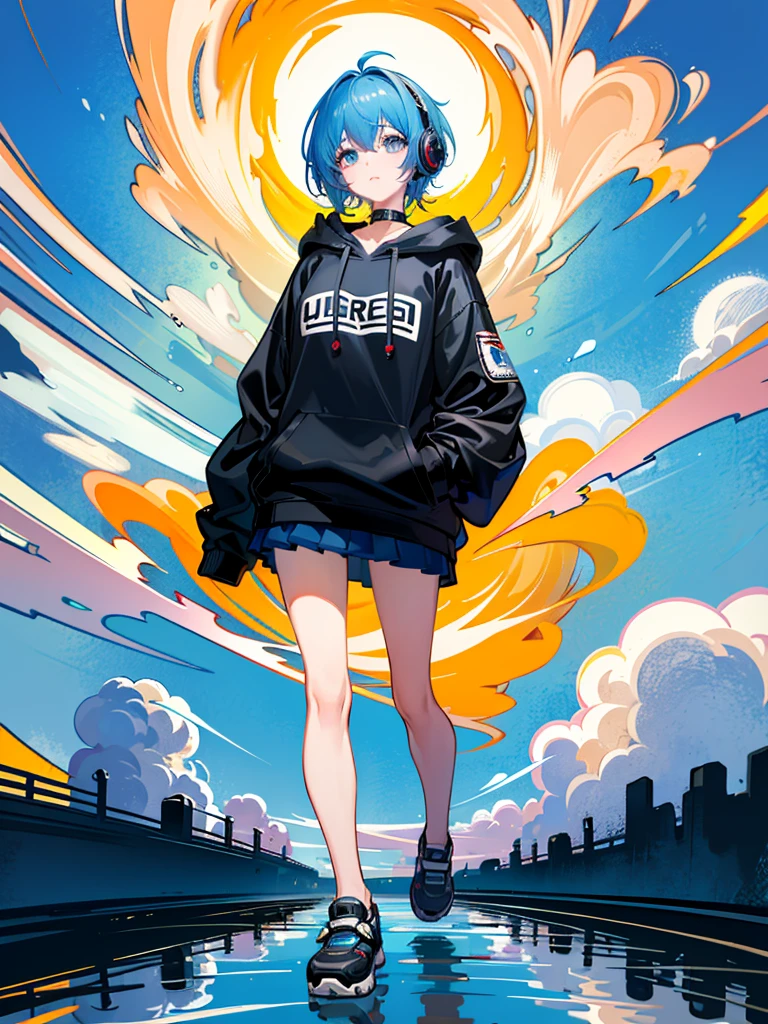 8K resolution、((top-quality))、((​masterpiece))、((ultra-detailliert))、1 woman、solo、incredibly absurdness、Oversized hoodies、headphones、Street、plein air、Sateen、neons、Shortcut Hair、Brightly colored eyes、Hands in pockets、a miniskirt、water dripping