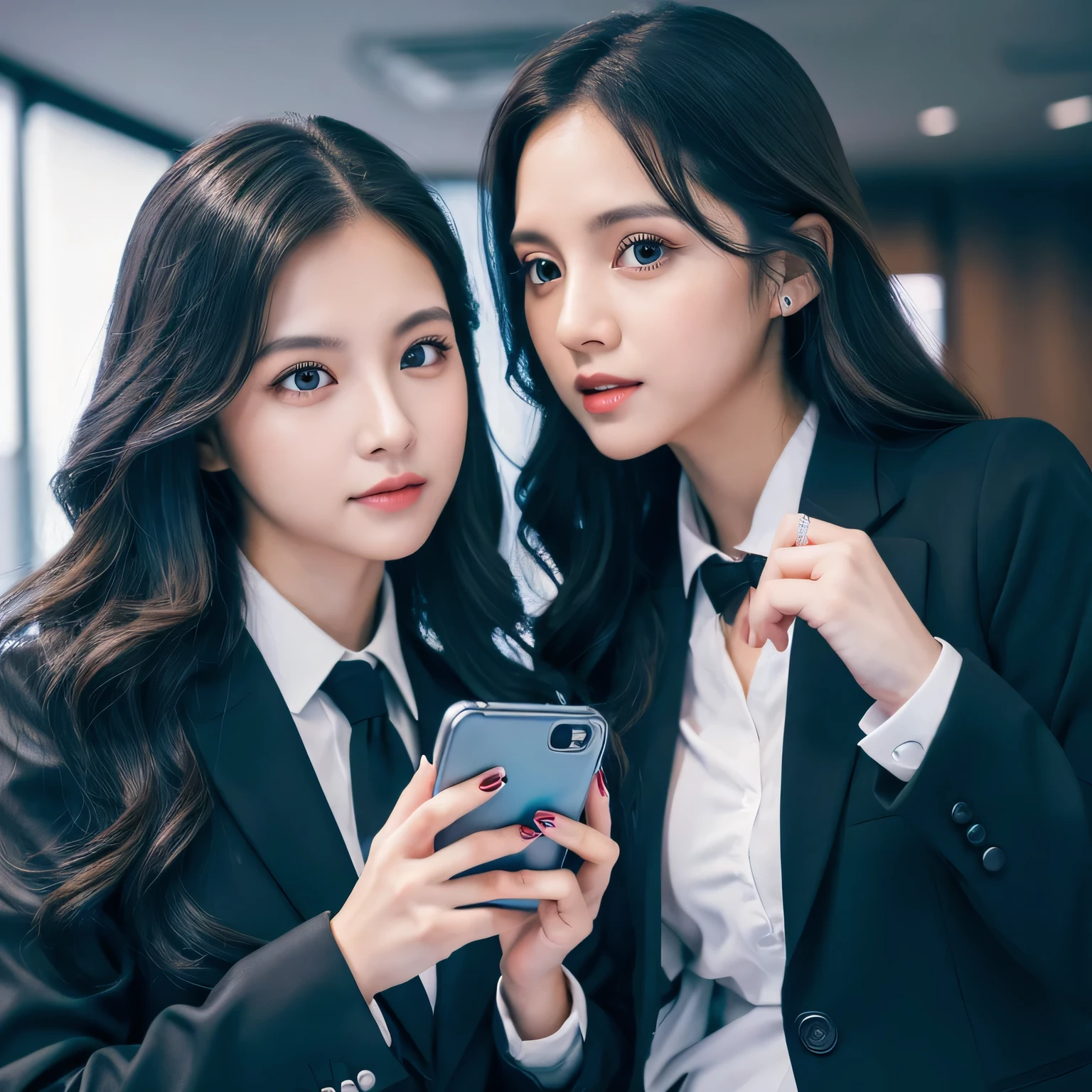 2 girls,Big black eyes, aura, long hair with light black wavy, office suit sci-fi style, High quality, In large letters on the background text "JACKLYN",holding a phone cell camera for a selfie pose,medium body shot