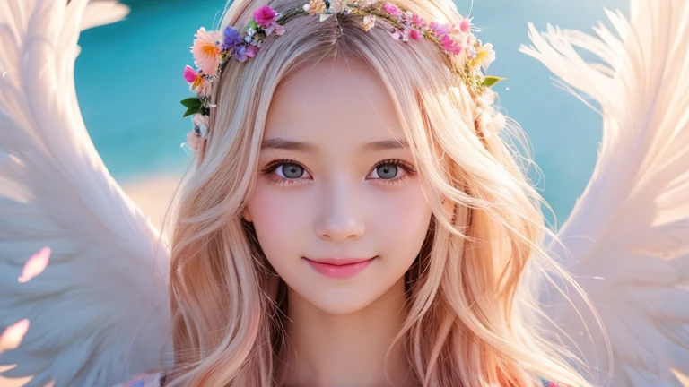 Angel,Lolita,10 years old,Smile,Short sleeve,race,smile,magical energy,healing,noon,summer,Light of the sun,Light background,cute,Princess,clear,happiness,Angelの羽根,Fairy Wings,Silky shiny hair,Glossy Skin,Long Hair,Fairyland,Soft light,rainbow,dream,hope,Pop Art,pastel colour,Sparkling Eyes,fine,Non-Adult,High resolution,light peach-colored hair,Wavy Hair,Thin eyebrows,Fluffy Feathers
