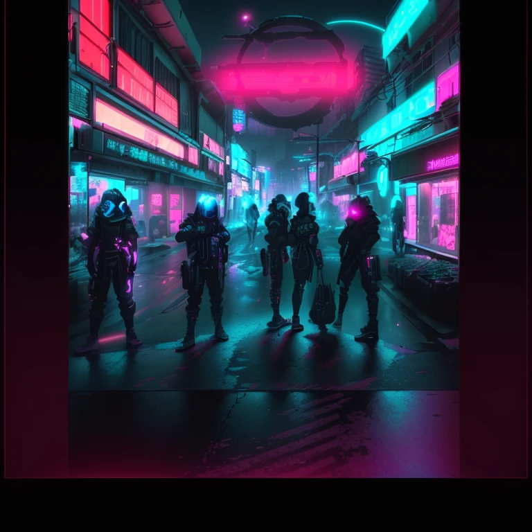 a close-up of a photo of a group of people walking down a street with a red circle neon sign with three lines across it, Tumulto em uma cidade cyberpunk, aesthetics cyberpunk, cyberpunk aestheticss, Kowloon Cyberpunk, cyberpunk aesthetics, ( ( ( synthetic wave ) ) ), aesthetics / Um motim em Marte, como uma oficina cyberpunk, in cyberpunk aesthetics, cara cyberpunk, The theme is cyberpunk city market, synthetic wave art style ]!!
