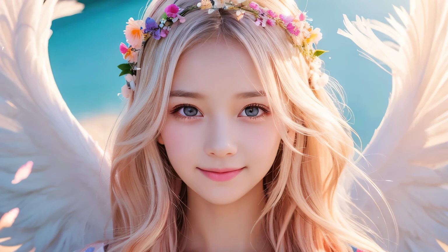 Angel,ta,10 yle,Short sleeve,race,smile,magical energy,healing,noon,summer,Light of the sun,Light background,cute,Princess,clear,happiness,Angelの羽根,Fairy Wings,Silky shiny hair,Glossy Skin,Long Hair,Fairyland,Soft light,rainbow,dream,hope,Pop Art,pastel colour,Sparkling Eyes,fine,Non-Adult,High resolution,light peach-colored hair,Wavy Hair,Thin eyebrows,Fluffy Feathers