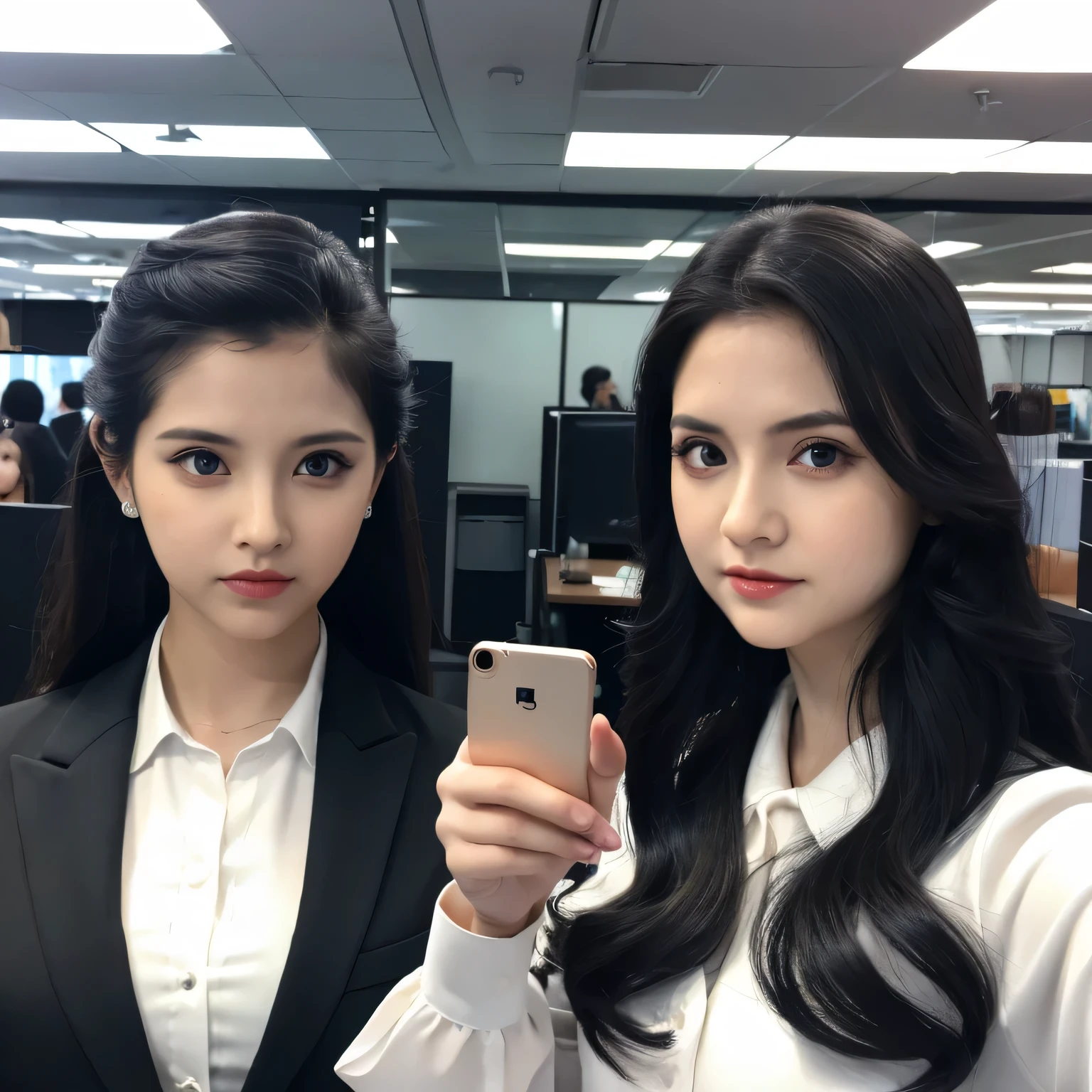 2 girls,Big black eyes, aura, long hair with light black wavy, office suit sci-fi style, High quality, In large letters on the background text "JACKLYN",holding a  phone cell camera for a selfie pose,medium body shot
