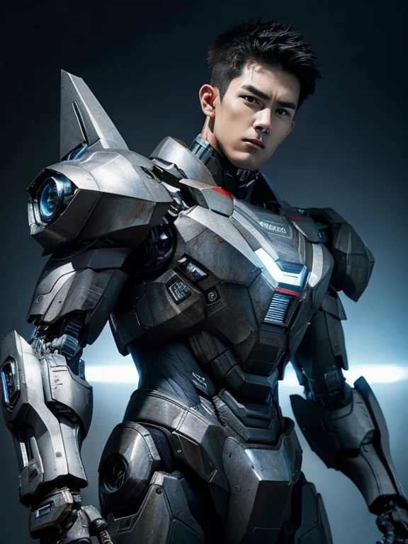 Textured skin, Super Detail, high details, High quality, Best Quality, hight resolution, 1080p, hard disk, Beautiful,(War Machine),handsome cyborg man,Mecha Cyborg boy,Battle Mode,Boy with a Mecha Body, ((medium shot)),