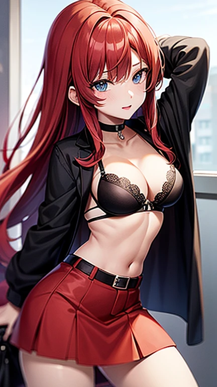 An anime girl with red hair and blue eyes wearing a skirt and an open shirt revealing a black and red bra